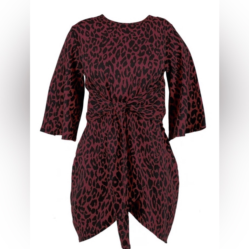 PLUS LEOPARD KIMONO TIE WAIST WRAP DRESS